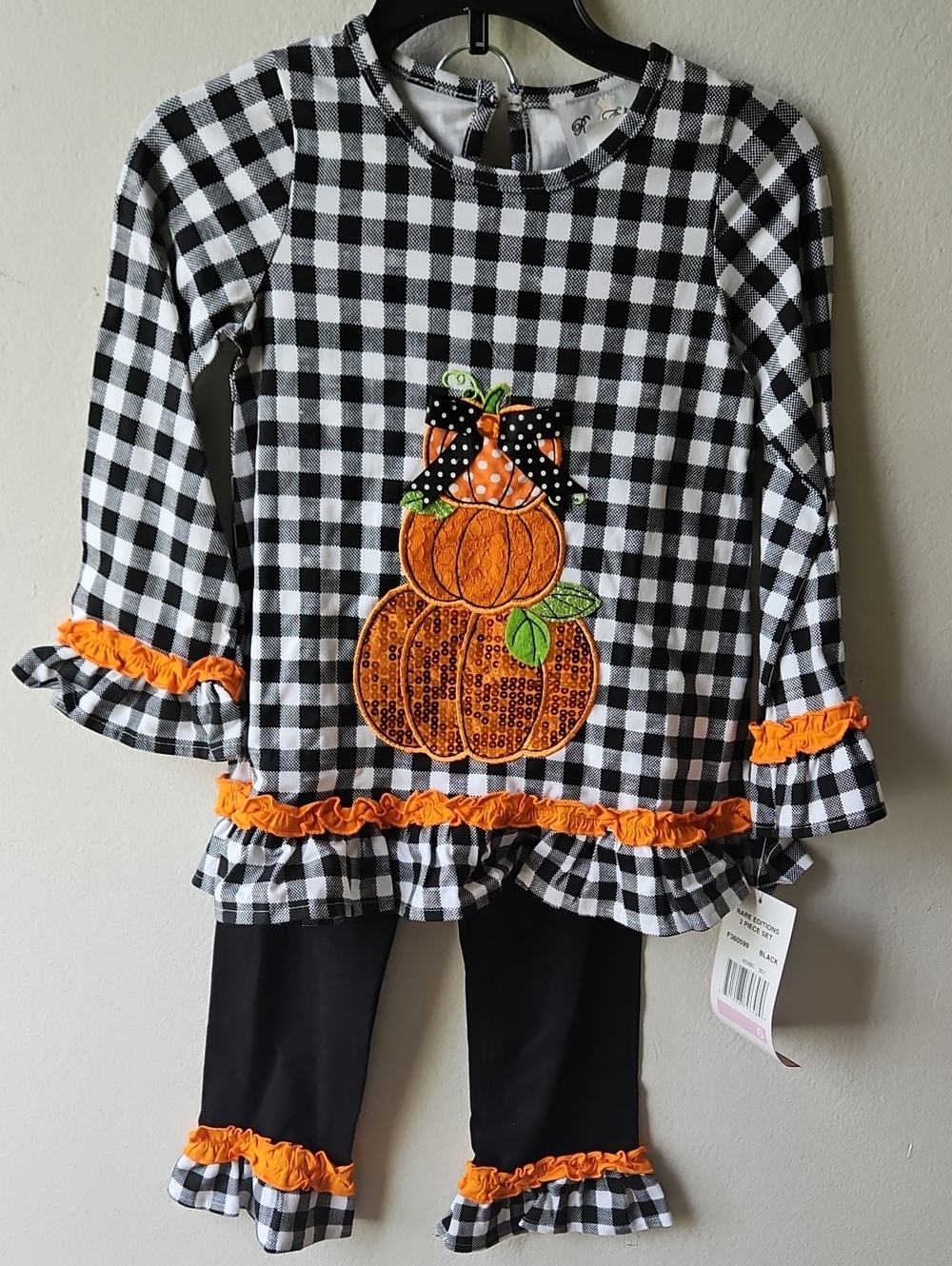 Rare Editions Black & White Gingham Pumpkin Ruffle Set with Orange Trim Sz 6